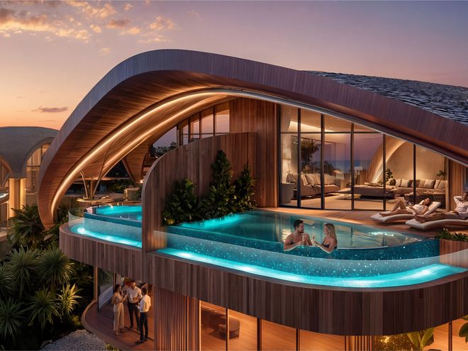 A suite terrace with a private plunge pool at sunset, artist impression
