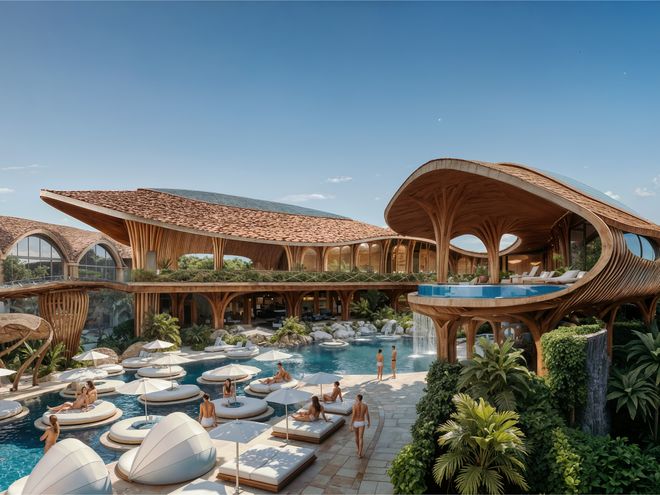 The beach club pools and daybeds in daylight, artist impression