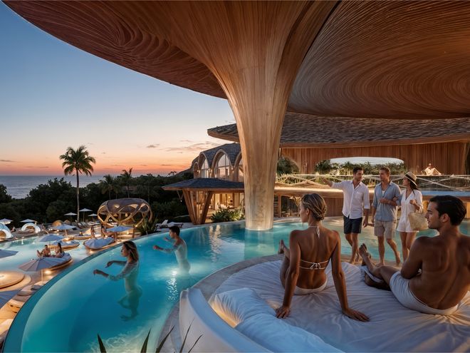 The beach club pool at dusk, artist impression