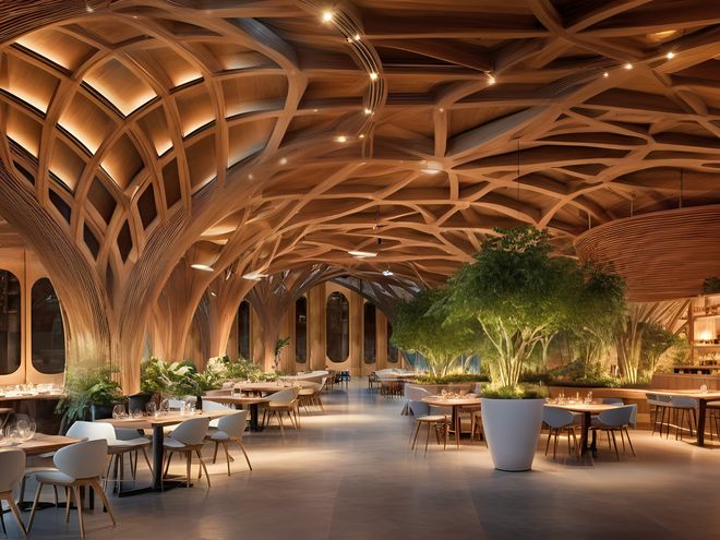 The signature restaurant under the vaulted timber roof, artist impression