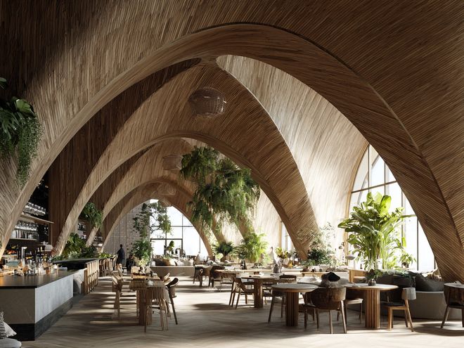Dining beneath the bamboo arches, artist impression