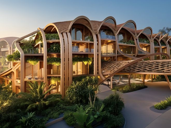 The resort arrival colonnade at dusk, artist impression