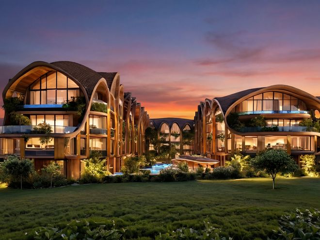 The resort at dusk seen from the gardens, artist impression
