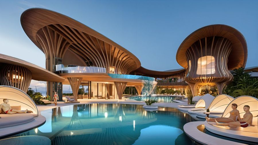 Resort pool at dusk, artist impression